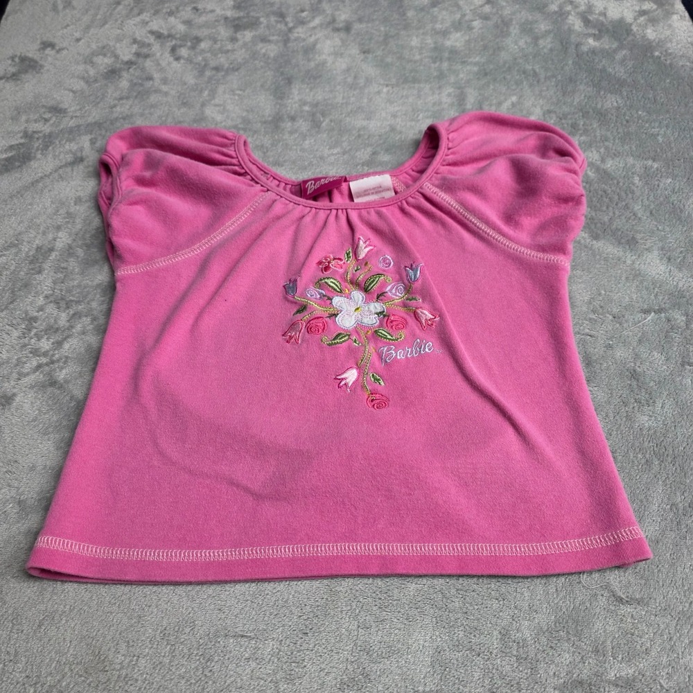 Pink Barbie T-shirt Girls Vintage Y2K Size 6x Floral Embroidered